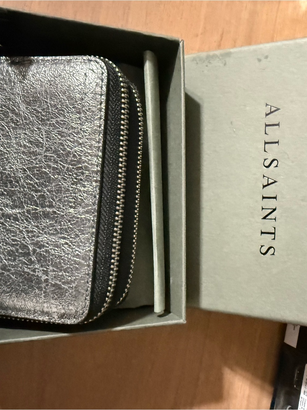 All Saints Silver Leather Zip Card Holder